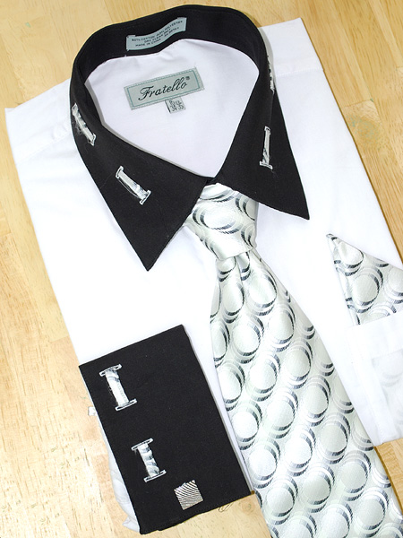Fratello White With Black/ White Laced Spread Collar And French Cuffs Shirt/Tie/Hanky Set FRV4105P2